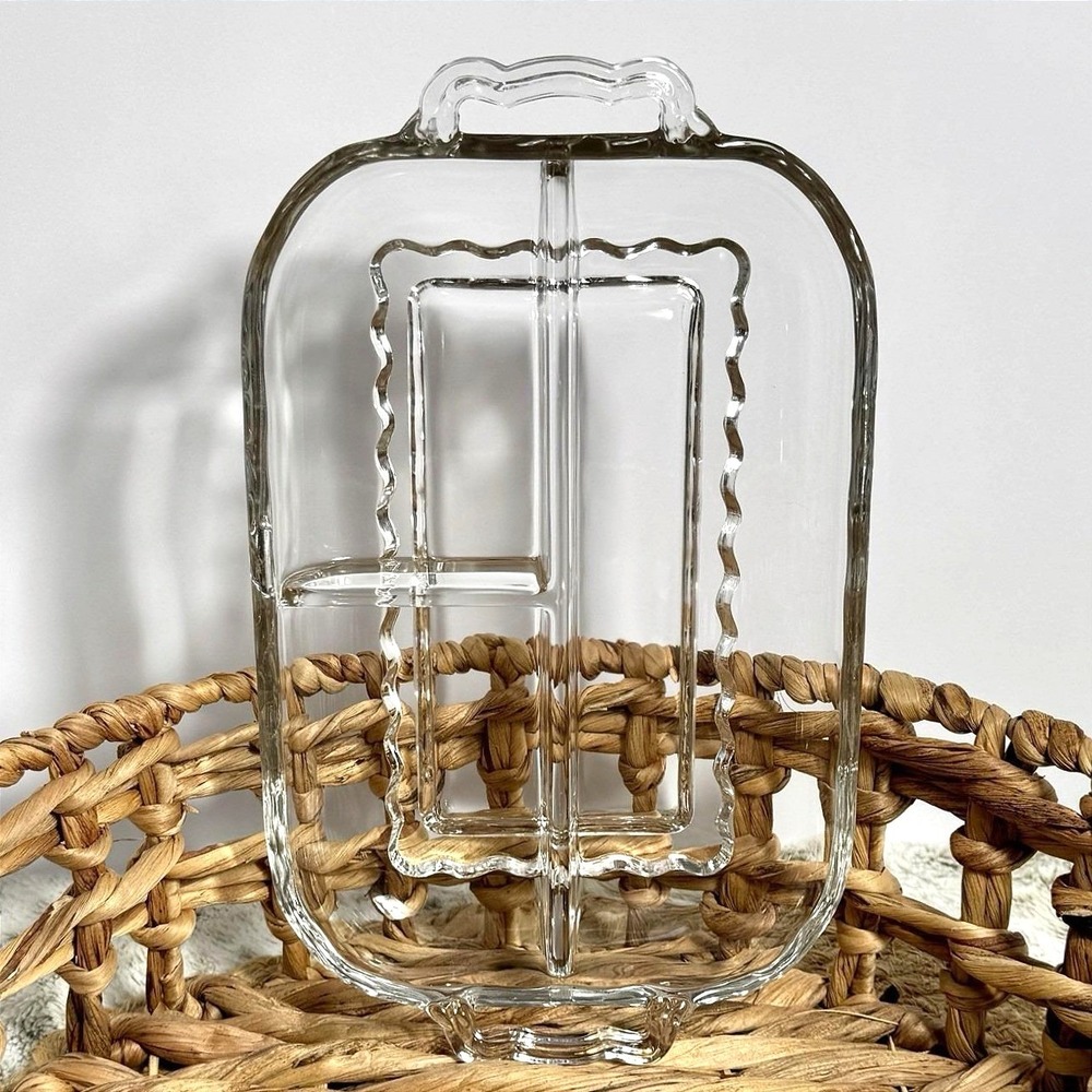 Vtg. Clear Glass Divided Serving Tray 3-Section Cottagecore Dish Handles 11.5"